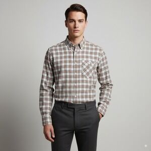 Billy Reid Mens Plaid Button Up Shirt Standard Cut Medium Cotton Blend Brown